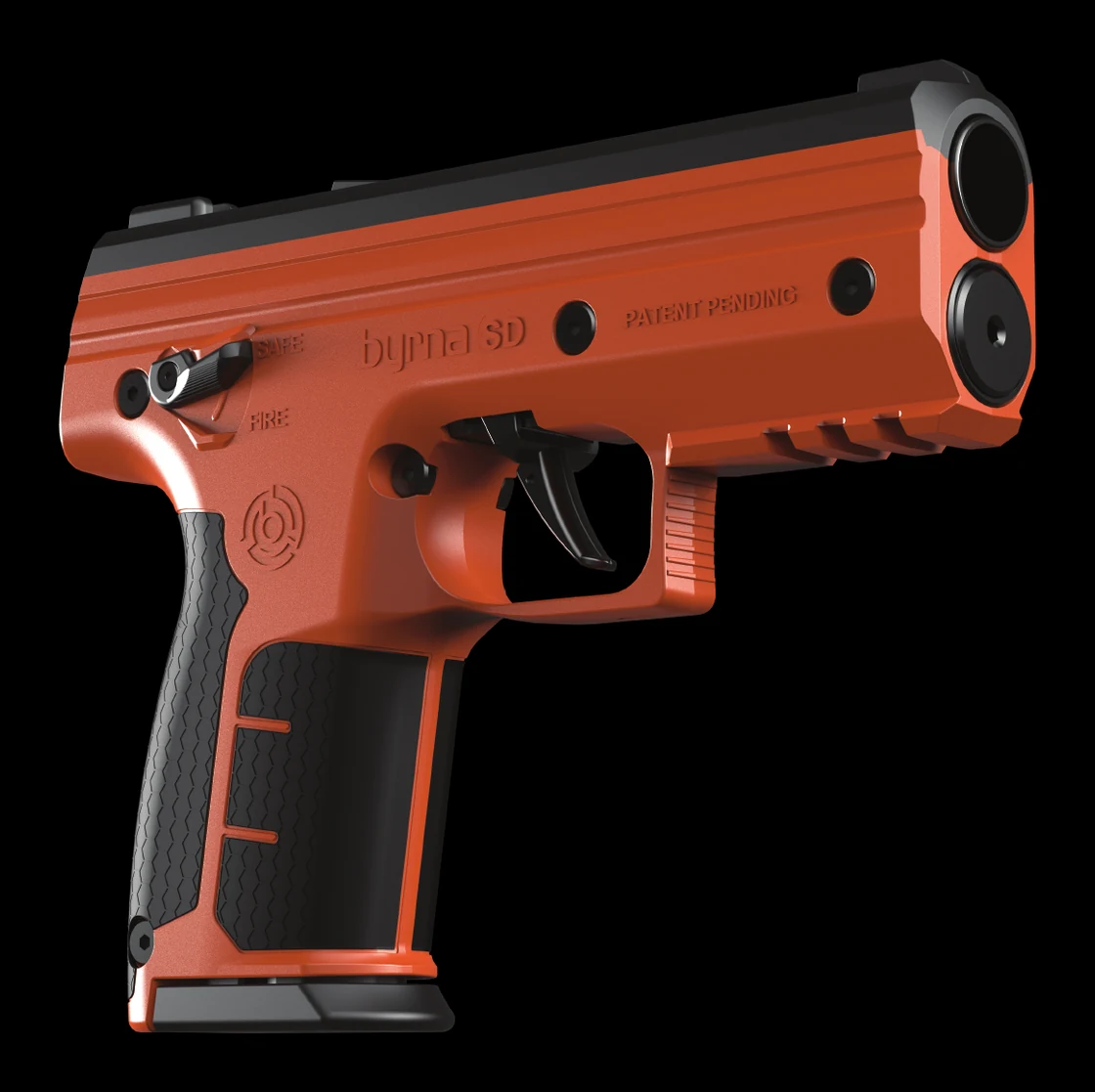 Two Byrna SD launchers, one orange and one black